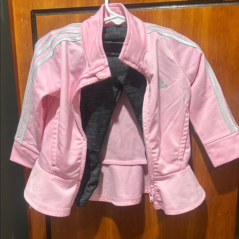 Adidas Kids Pink Jacket with Silver Stripes